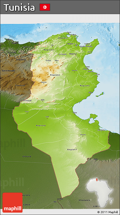 Physical 3D Map of Tunisia, darken, land only