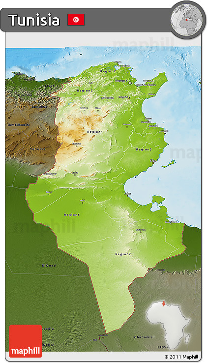 Physical 3D Map of Tunisia, darken, land only