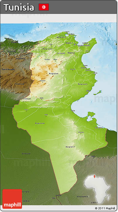 Physical 3D Map of Tunisia, darken, land only
