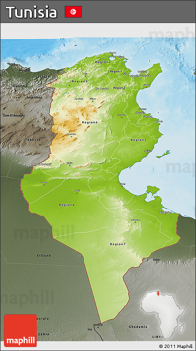 Physical 3D Map of Tunisia, darken, semi-desaturated, land only