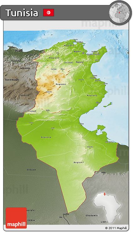 Physical 3D Map of Tunisia, darken, semi-desaturated, land only