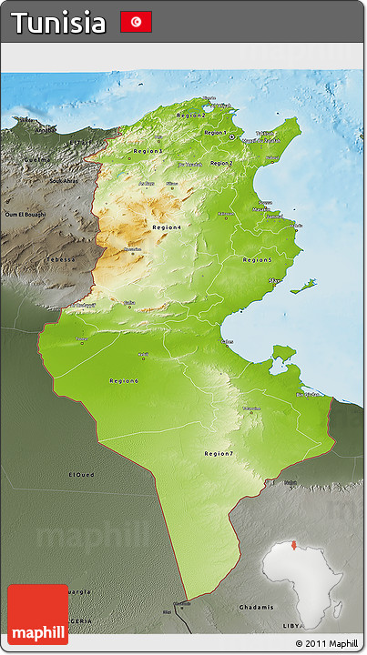 Physical 3D Map of Tunisia, darken, semi-desaturated, land only