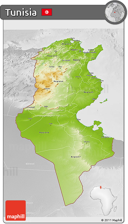 Physical 3D Map of Tunisia, lighten, desaturated