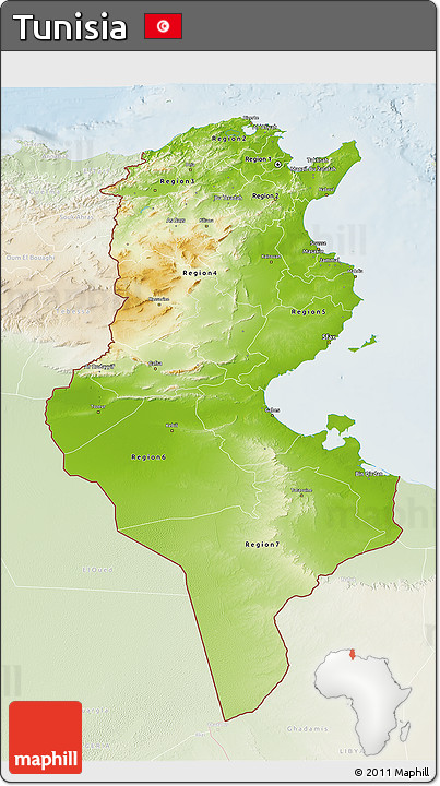Physical 3D Map of Tunisia, lighten