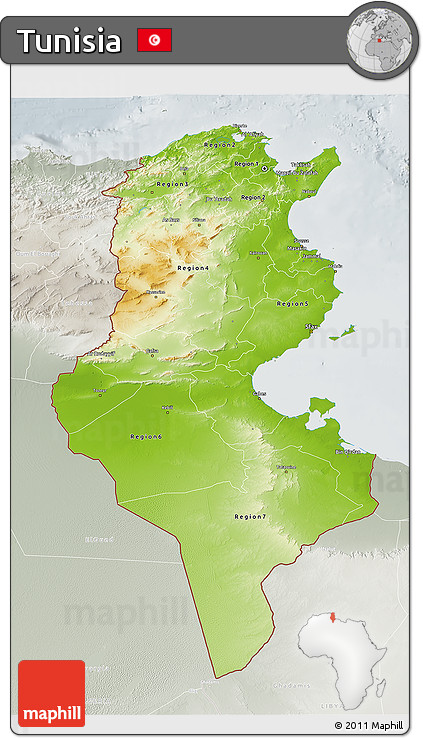 Physical 3D Map of Tunisia, lighten, semi-desaturated