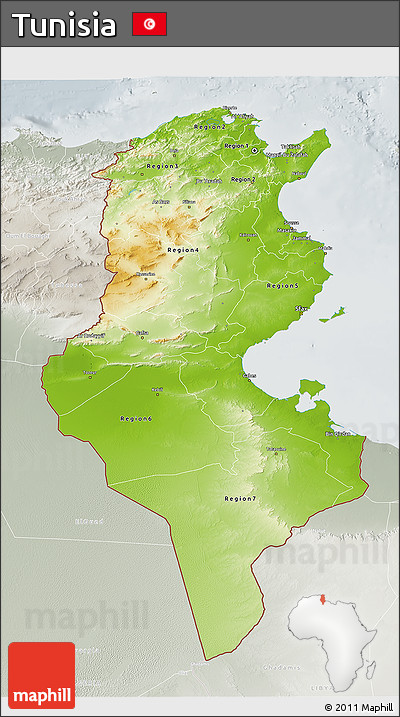 Physical 3D Map of Tunisia, lighten, semi-desaturated