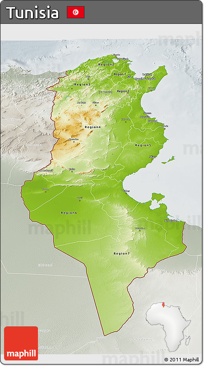 Physical 3D Map of Tunisia, lighten, semi-desaturated