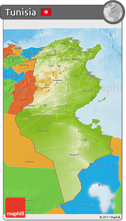 Physical 3D Map of Tunisia, political outside, shaded relief sea