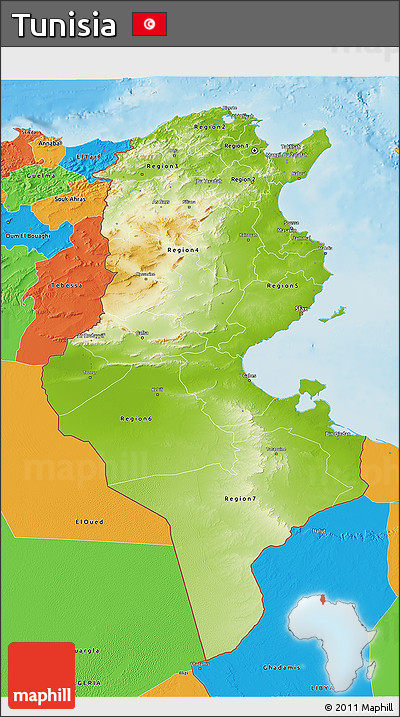Physical 3D Map of Tunisia, political outside, shaded relief sea