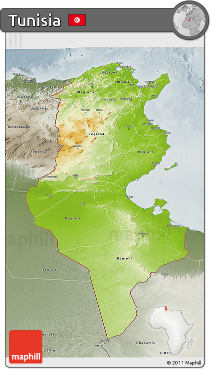 Physical 3D Map of Tunisia, semi-desaturated