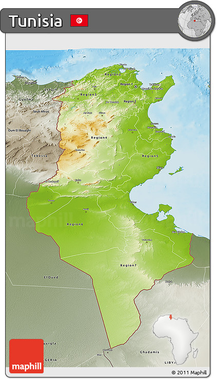 Physical 3D Map of Tunisia, semi-desaturated, land only