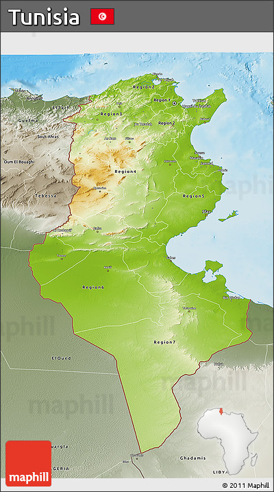 Physical 3D Map of Tunisia, semi-desaturated, land only