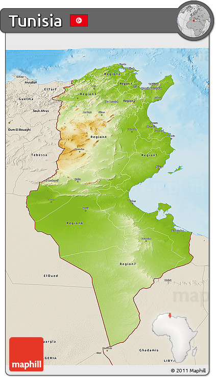 Physical 3D Map of Tunisia, shaded relief outside