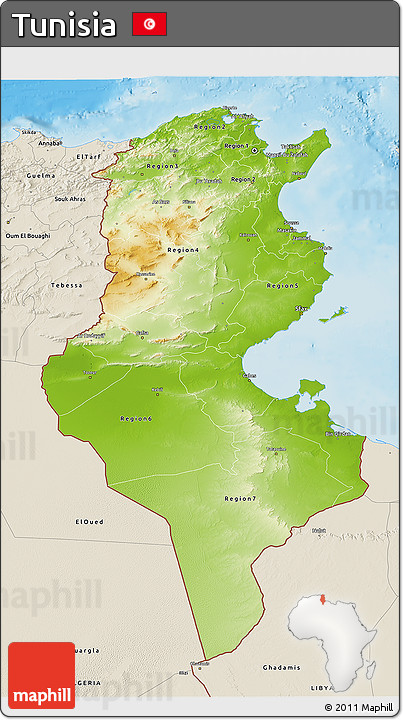 Physical 3D Map of Tunisia, shaded relief outside