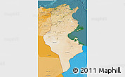 Satellite 3D Map of Tunisia, political shades outside, satellite sea