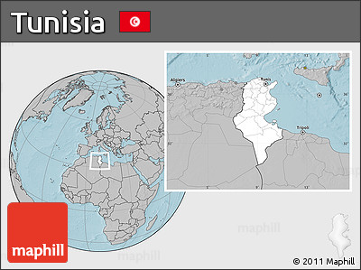 Blank Location Map of Tunisia, gray outside, hill shading outside