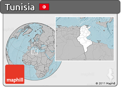 Blank Location Map of Tunisia, gray outside, hill shading outside