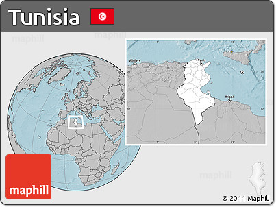 Blank Location Map of Tunisia, gray outside, hill shading outside