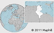Blank Location Map of Tunisia, gray outside, hill shading outside