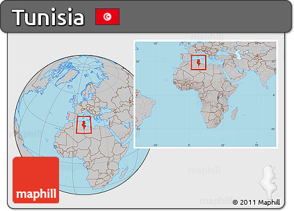 Gray Location Map of Tunisia, within the entire continent