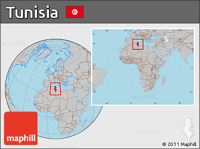 Gray Location Map of Tunisia, within the entire continent