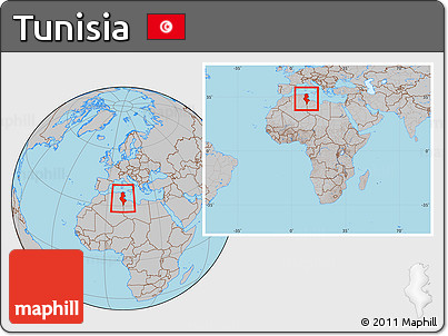 Gray Location Map of Tunisia, within the entire continent