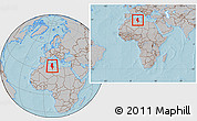 Gray Location Map of Tunisia, within the entire continent, hill shading