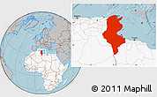 Gray Location Map of Tunisia, highlighted continent, hill shading