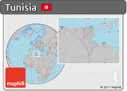 Gray Location Map of Tunisia, hill shading inside