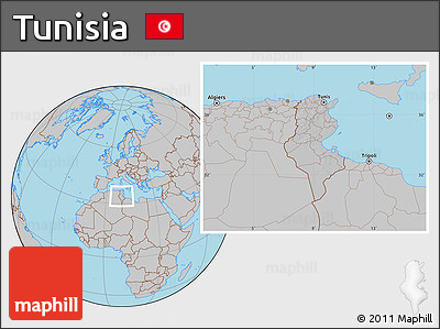 Gray Location Map of Tunisia, hill shading inside