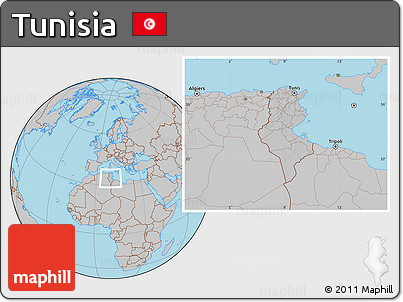 Gray Location Map of Tunisia, hill shading inside