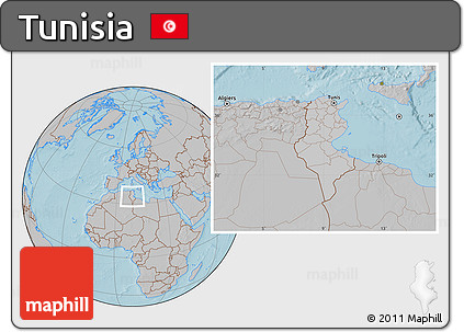Gray Location Map of Tunisia, hill shading outside