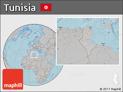 Gray Location Map of Tunisia, hill shading outside