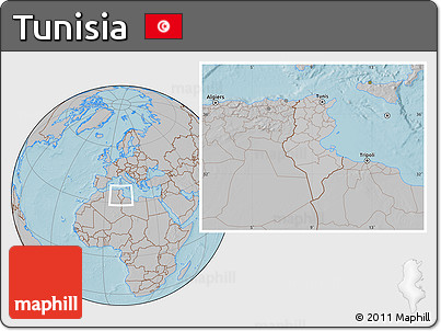 Gray Location Map of Tunisia, hill shading outside