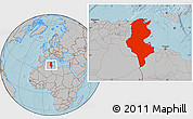 Gray Location Map of Tunisia, hill shading