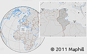 Gray Location Map of Tunisia, lighten, desaturated, hill shading
