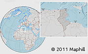 Gray Location Map of Tunisia, lighten, desaturated, land only, hill shading