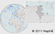 Gray Location Map of Tunisia, lighten, hill shading