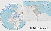 Gray Location Map of Tunisia, lighten, land only, hill shading