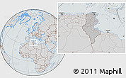 Gray Location Map of Tunisia, lighten, semi-desaturated, hill shading
