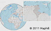 Gray Location Map of Tunisia, lighten, semi-desaturated, land only, hill shading