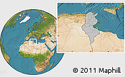 Gray Location Map of Tunisia, satellite outside, hill shading