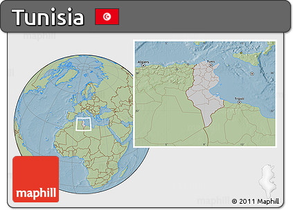 Gray Location Map of Tunisia, savanna style outside, hill shading outside