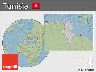 Gray Location Map of Tunisia, savanna style outside, hill shading outside