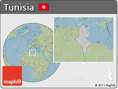 Gray Location Map of Tunisia, savanna style outside, hill shading outside