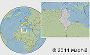 Gray Location Map of Tunisia, savanna style outside, hill shading outside