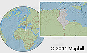 Gray Location Map of Tunisia, savanna style outside, hill shading