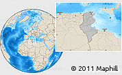 Gray Location Map of Tunisia, shaded relief outside, hill shading