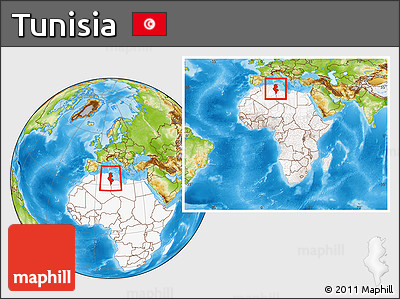 Physical Location Map of Tunisia, highlighted continent, within the entire continent