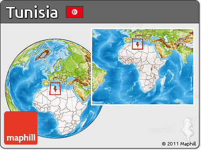Physical Location Map of Tunisia, highlighted continent, within the entire continent